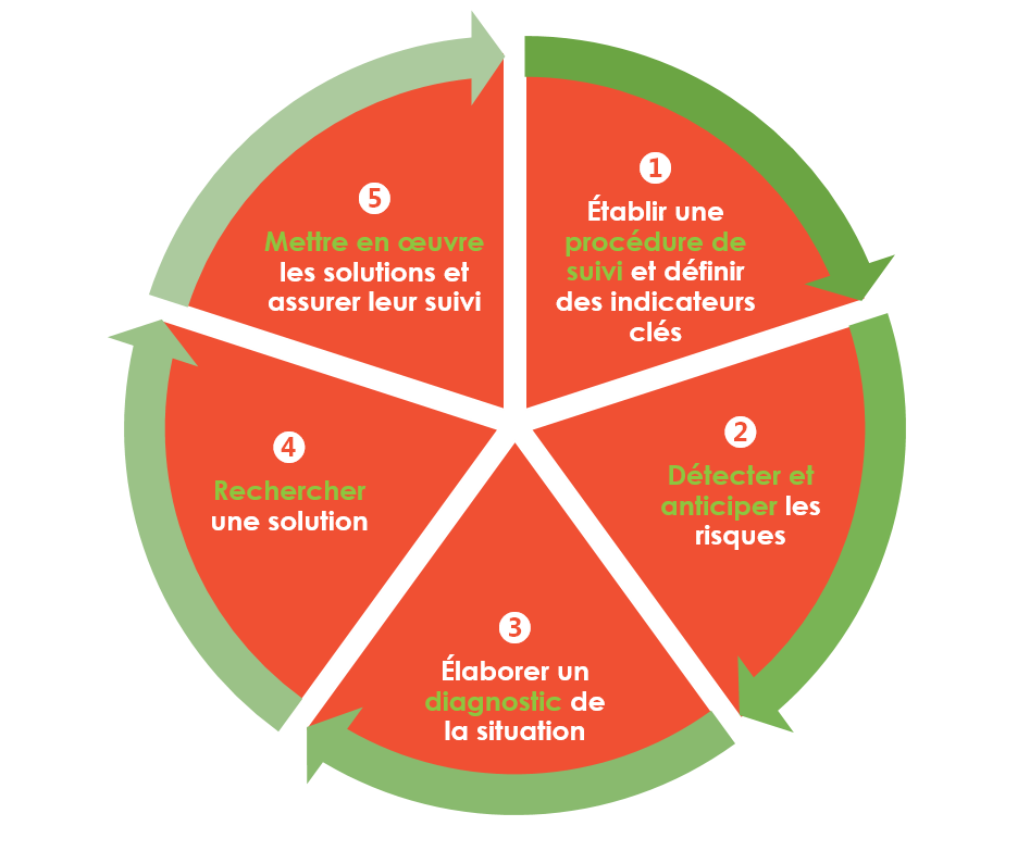 Établir une procédure de suivi, détecter et anticiper les risques, élaborer un diagnostic de la situation, rechercher une solution, mettre en œuvre les solutions et assurer leur suivi